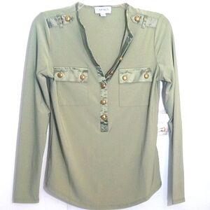 CARMEN WOMEN'S OLIVE GREEN BUTTON-FRONT LONG SLEEVE SATIN TRIM BLOUSE SIZE XS NW